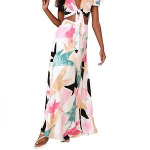 NWT Lulus Daydreaming White Print Maxi Skirt Colorful Abstract Print Size XS